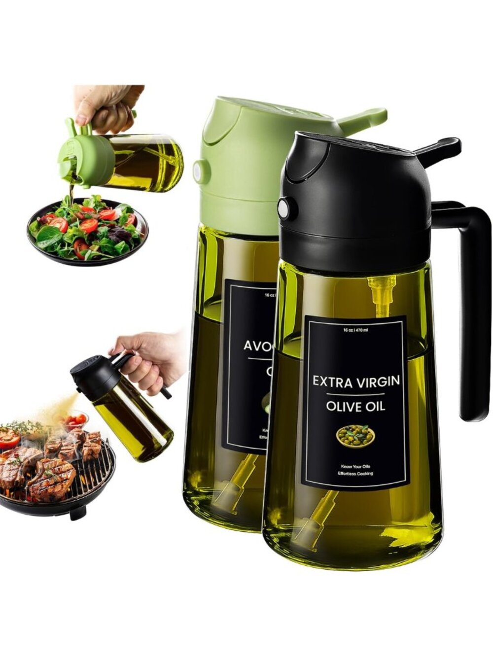 16oz Olive Oil Dispenser & Sprayer - 2-in-1 Kitchen Gadget for Cooking & Salads